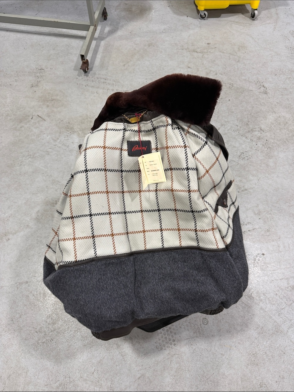 Brioni Cream Checked Wool Bomber with Brown Shearling Collar